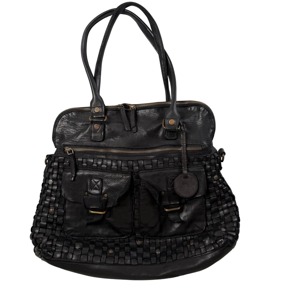 Harbour 2nd Black‎ Woven Leather Tote Bag Boho Moto Distressed Utility Carryall